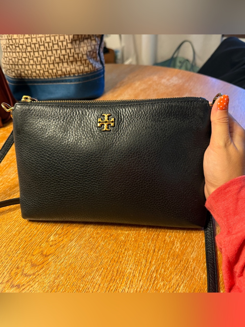 Tory Burch Black Pebbled Leather Wristlet with Gold Logo